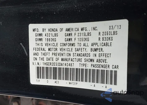 2013 Honda Accord Sport from USA, damaged, VIN 1HGCR2E50DA140487